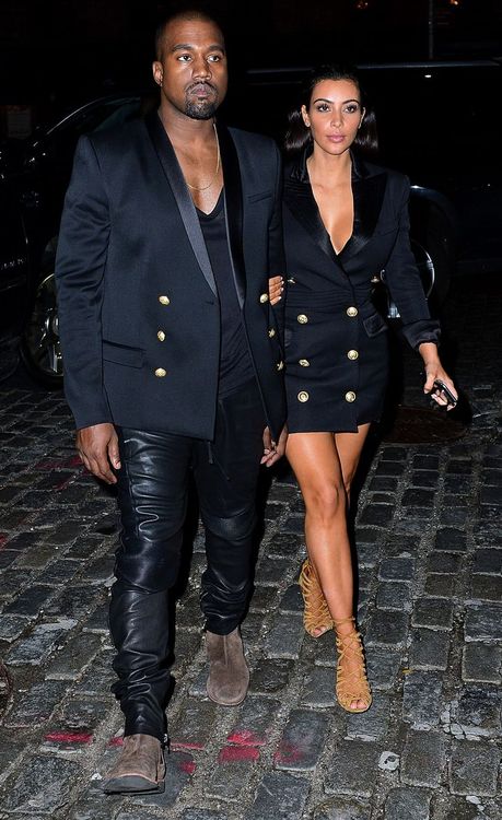 Hot! or Hmm…: Kim Kardashian’s New York City Balmain Double Breasted Dress + Kanye West’s Balmain Gold Buttoned Blazer