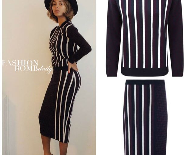 Wardrobe Query: Beyonce’s Joseph Geometric Black and White Striped Sweater and Matching Skirt