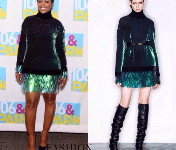 Get The Look: Trina’s 106 & Park McQ By Alexander McQueen Green Sequin Embellished Turtleneck Short Dress And Christian Louboutin So Kate Patent Leather Pumps