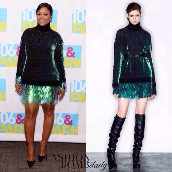 Get The Look: Trina’s 106 & Park McQ By Alexander McQueen Green Sequin Embellished Turtleneck Short Dress And Christian Louboutin So Kate Patent Leather Pumps
