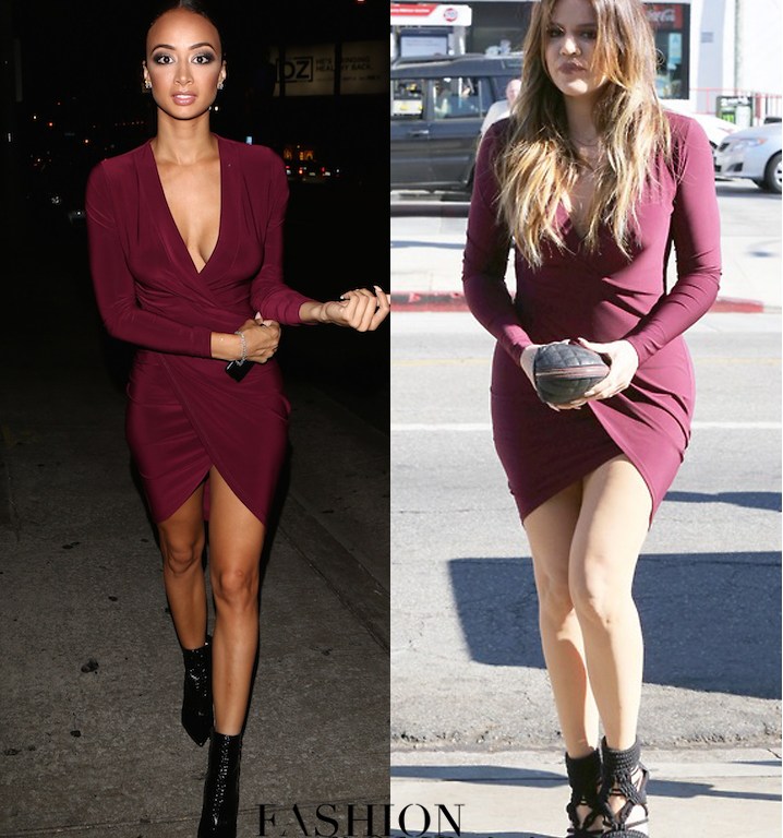 Who Wore it Better? Khloe Kardashian vs. Draya Michele in Just Enaj’s Burgundy Sensation Bodycon Dress