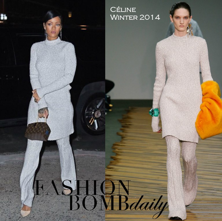 Hot! or Hmm…: Rihanna’s Nobu Restaurant in New York City Celine Winter 2014 Long Tunic and Flare Trousers and Louis Vuitton x Frank Gehry Monogram Collection Twisted Box Bag