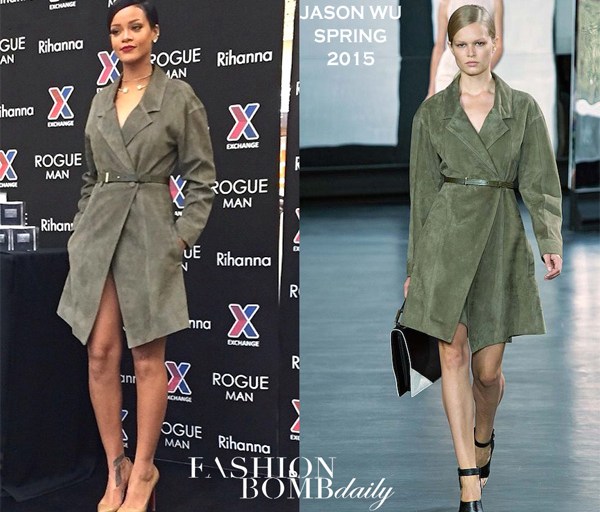 Hot! Or Hmm…: Rihanna’s Fort Belvoir Exchange Rogue Man Promotion Spring 2015 Jason Wu Green Belted Trench And Christian Louboutin So Kate Nude Pumps