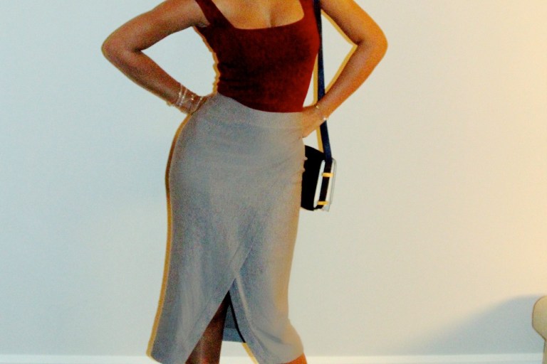 Splurge: Beyonce’s Torn by Ronny Kobo Rumya Solid Burgundy Bodysuit and Enza Costa Gray Midi Wrap Skirt