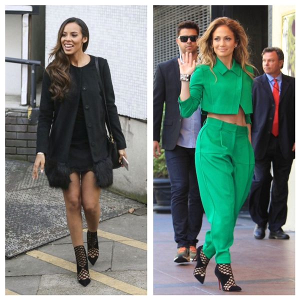 Who Wore It Better? Rochelle Humes vs. Jennifer Lopez in Christian Louboutin’s Mrs Boulglione Black Cutout Suede Booties