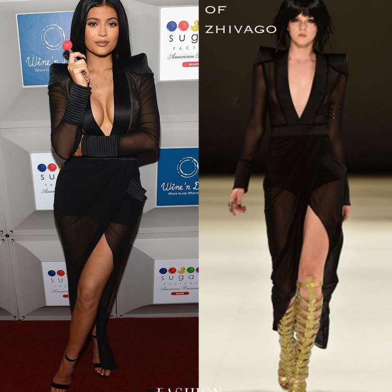 Hot! or Hmm…: Kylie Jenner’s Sugar Factory Miami Opening House of Zhivago Eye of Horus Deep Plunge Black Gown