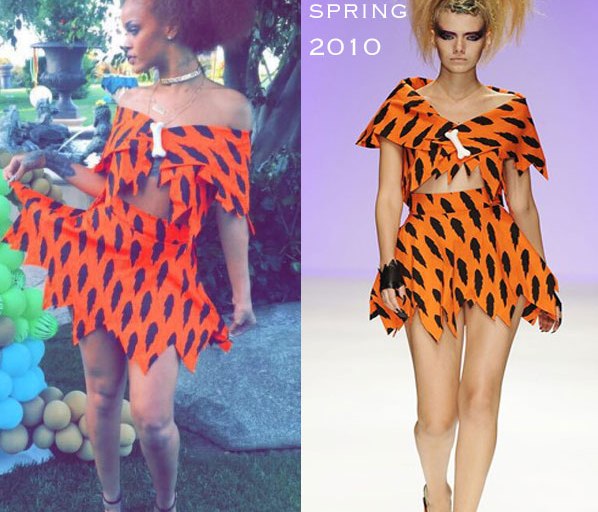 Rihanna Wears Orange Jeremy Scott Spring 2010 to Niece Majesty’s Flintstones Themed 1st Birthday Party