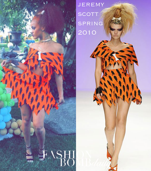 Rihanna Wears Orange Jeremy Scott Spring 2010 to Niece Majesty’s Flintstones Themed 1st Birthday Party