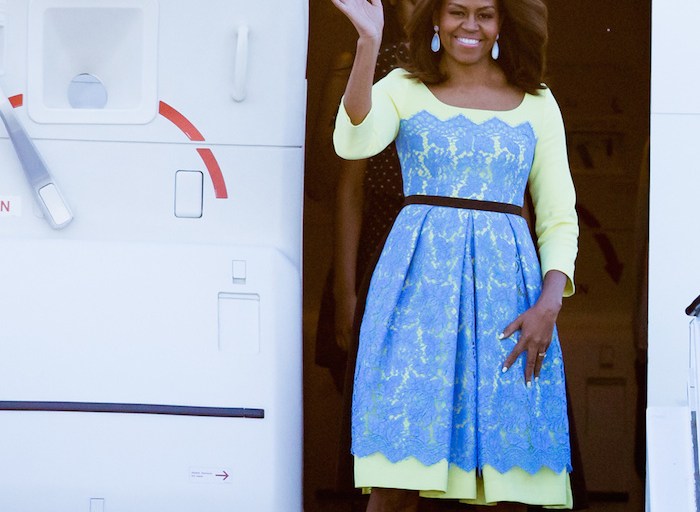 First Lady Michelle Obama Wears Preen by Thornton Bregazzi Neon and Blue Lace Lou Dress for Trip to the UK
