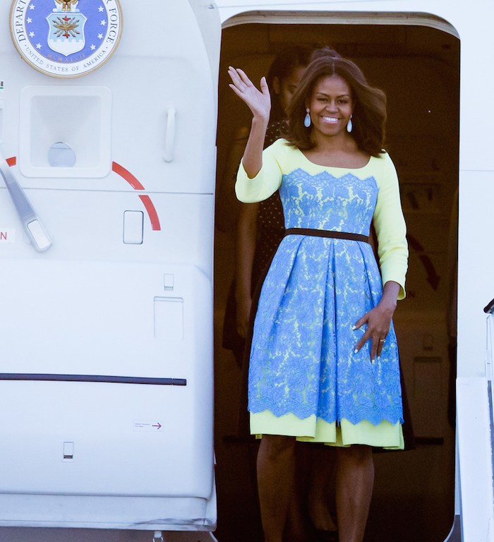 First Lady Michelle Obama Wears Preen by Thornton Bregazzi Neon and Blue Lace Lou Dress for Trip to the UK