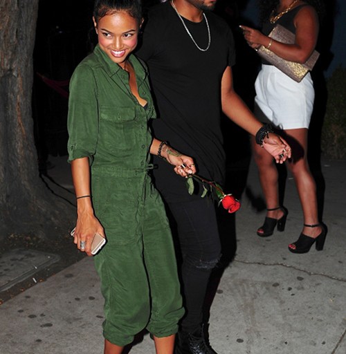 Get the Look: Karrueche Tran’s Hooray Henry’s Topshop Green Military Jumpsuit and Giuseppe Zanotti Mules