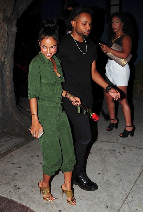 Get the Look: Karrueche Tran’s Hooray Henry’s Topshop Green Military Jumpsuit and Giuseppe Zanotti Mules