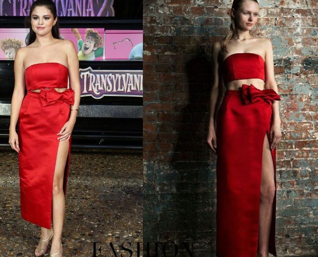 Hot! or Hmm… Selena Gomez’s <em>Hotel Transylvania 2</em> Cancun Photocall Katie Ermilio Fall 2015 Strapless Red Strapless Bandeau, Red High Waist Slit Skirt  and Christian Louboutin Gwynitta Sandals