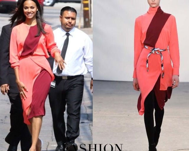 Hot! or Hmm… Zoe Saldana’s Jimmy Kimmel Live Tanya Taylor Fall 2015 Colorblock Long Sleeve Blouse and High Waist Slit Skirt