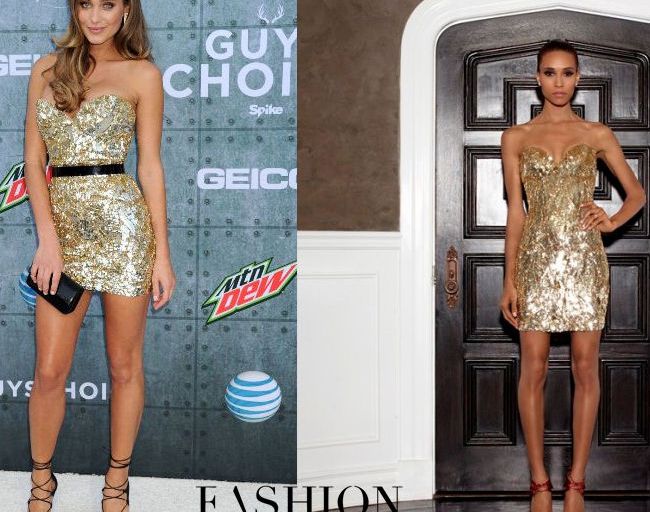 Hot! or Hmm… Hannah Davis’s Spike TV 2015 Guys Choice Awards Lorena Sarbu Resort 2015 Gold Strapless Embellished Dress