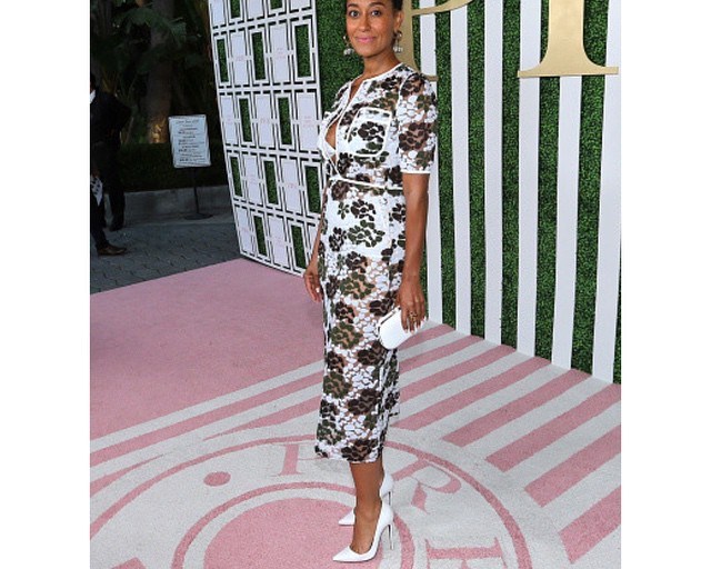 Hot! Or Hmm… Tracee Ellis Ross’s Pre-BET Awards 2015 Dinner Veronique Leroy Summer 2015 Sheer Floral Embellished Dress and Christian Louboutin White So Kate Pumps