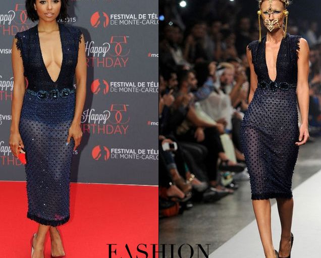 Hot! or Hmm… Kat Graham’s 55th Monte Carlo Beach Anniversary Amato Haute Couture Navy Tweed and Sheer Embellished Dress