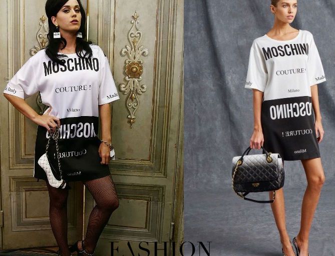 Hot! or Hmm… Katy Perry’s Moschino Menswear Spring 2016 Fashion Show Moschino Resort 2016 “Moschino Couture” Logo T-Shirt Dress