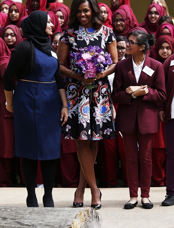 First Lady Michelle Obama Wears Mary Katrantzou Pre-Fall 2015 Dark Floral and Paisley Dress In London For ‘Let Girls Learn’