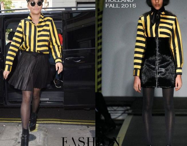 Hot! or Hmm… Rita Ora’s Kiss FM Studios House of Holland Fall 2015 Striped Shirt, Celine Fall 2013 Black Leather Pleated Skirt, and Vera Wang Fall 2015 Black Leather Platform Booties