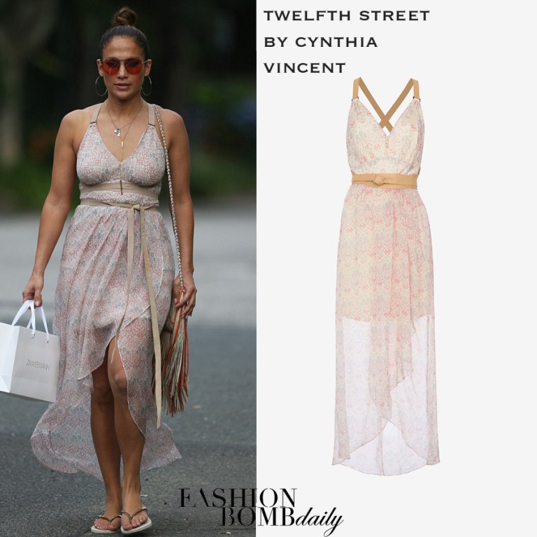 Splurge: Jennifer Lopez’s Hamptons Twelfth Street by Cynthia Vincent Leather Detail Printed Maxi Dress and Barbara Bonner Fringe Handbag