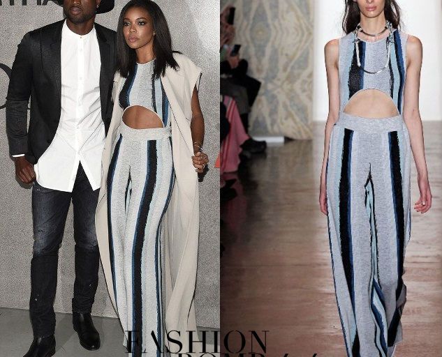 Hot! or Hmm… Gabrielle Union’s New York Fashion Week Men’s S/S 2016 Opening Party Baja East Fall 2015 Cap Sleeve Long Trench and Stripe Cutout Jumpsuit