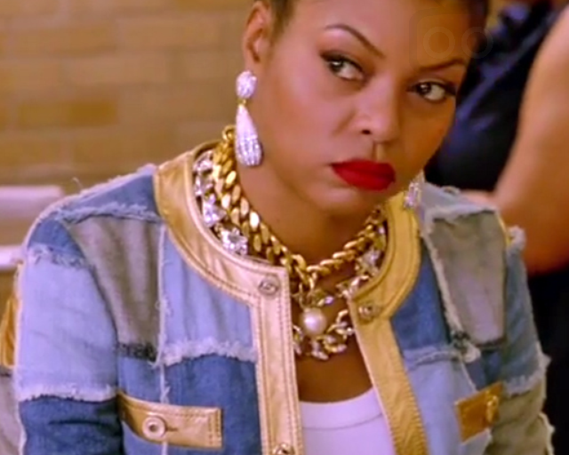 Hot! Or Hmm…: Taraji P. Henson’s aka Cookie Lyon’s Season 2 Empire Trailer Fall 2015 Moschino Round Neck Gold Detail Patch Denim Jacket