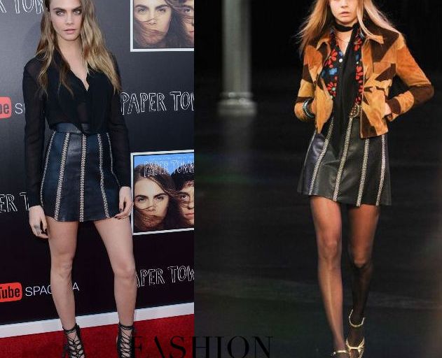 Hot! or Hmm… Cara Delevingne’s <em>Paper Towns</em> Live Concert at YouTube Space Saint Laurent Spring 2015 Black Cowl Blouse, Black Leather Zip Mini Skirt, and Sophia Webster Lacey Lace Up Sandals