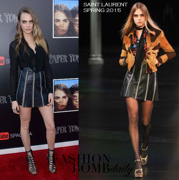 Hot! or Hmm… Cara Delevingne’s <em>Paper Towns</em> Live Concert at YouTube Space Saint Laurent Spring 2015 Black Cowl Blouse, Black Leather Zip Mini Skirt, and Sophia Webster Lacey Lace Up Sandals