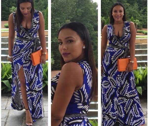 Splurge: Eudoxie’s Instagram Diane Von Furstenberg DVF Deep V-Neck Blue, White, And Black Sleeveless Maxi Wrap Dress