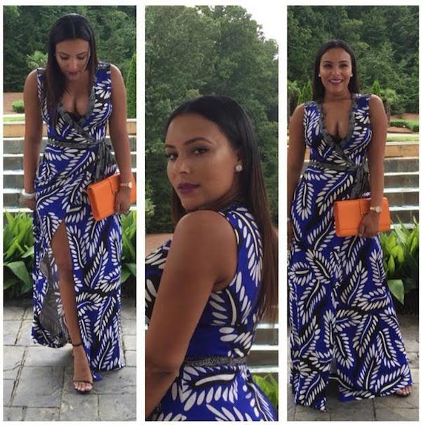 Splurge: Eudoxie’s Instagram Diane Von Furstenberg DVF Deep V-Neck Blue, White, And Black Sleeveless Maxi Wrap Dress