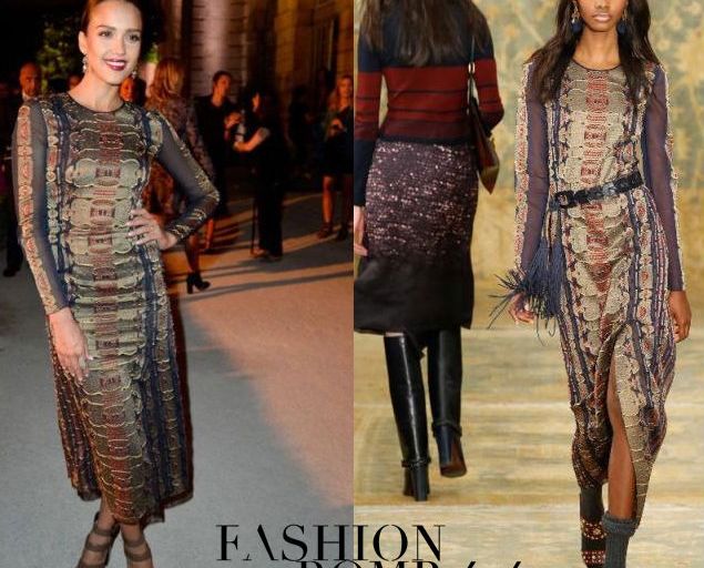 Hot! or Hmm… Jessica Alba’s Tory Burch Paris Flagship Store Opening After Party Tory Burch Fall 2015 Long Sleeve Embroidered Dress and Jones Sandals
