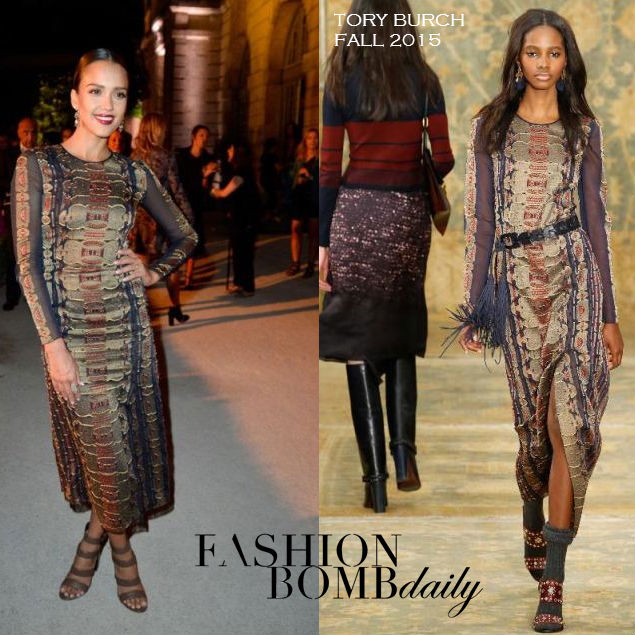 Hot! or Hmm… Jessica Alba’s Tory Burch Paris Flagship Store Opening After Party Tory Burch Fall 2015 Long Sleeve Embroidered Dress and Jones Sandals