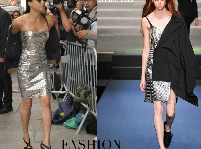 Hot! or Hmm… Michelle Rodriguez’s Jean Paul Gaultier Fall 2015 Couture Fashion Show Jean Paul Gaultier Spring 2015 Strapless Silver Perforated Dress