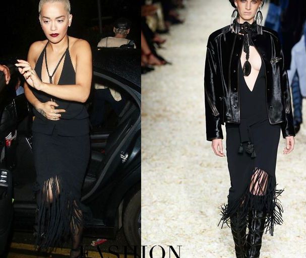 Hot! or Hmm… Rita Ora’s London Tom Ford Fall 2015 Black Plunging Fringe Dress