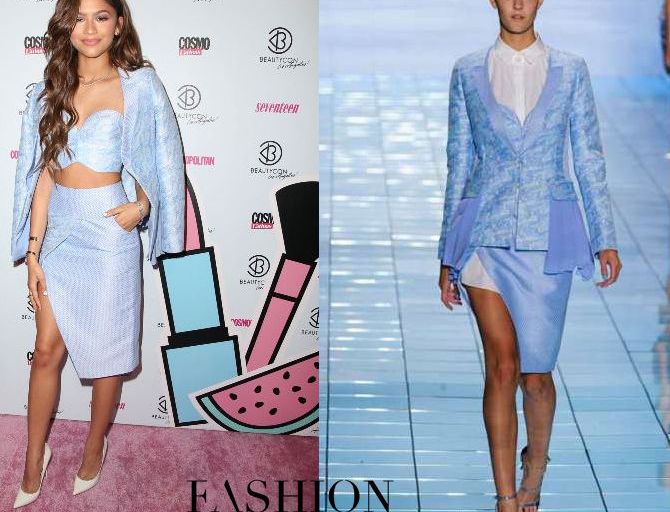 Hot! or Hmm… Zendaya Coleman’s 2015 BeautyCon Lie Sangbong Spring 2015 Blue Textured Blazer, Bustier Crop Top, and Slit Skirt