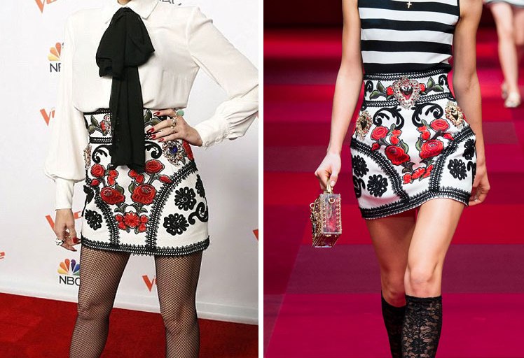 Hot! or Hmm…: Gwen Stefani’s The Voice Season 9 Press Junket Elisabetta Franchi Fall 2015 White Blouse and Dolce & Gabbana Spring 2015 Embroidered Skirt