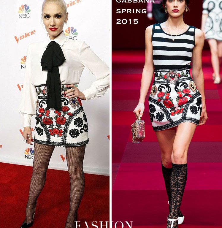 Hot! or Hmm…: Gwen Stefani’s The Voice Season 9 Press Junket Elisabetta Franchi Fall 2015 White Blouse and Dolce & Gabbana Spring 2015 Embroidered Skirt