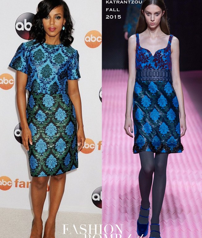Hot! or Hmm…: Kerry Washington’s Disney ABC TCA Summer Press Tour Mary Katrantzou Fall 2015 Blue Green Embroidered Crop Top and Dress