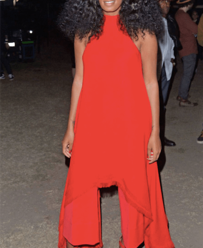 Hot! or Hmm…: Solange Knowles FYF Fest Gareth Pugh Red Dress, Sportmax Pants, and Missoni Shoes