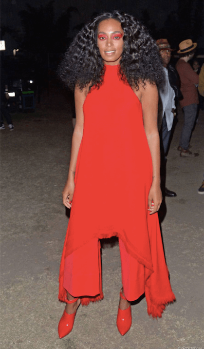 Hot! or Hmm…: Solange Knowles FYF Fest Gareth Pugh Red Dress, Sportmax Pants, and Missoni Shoes