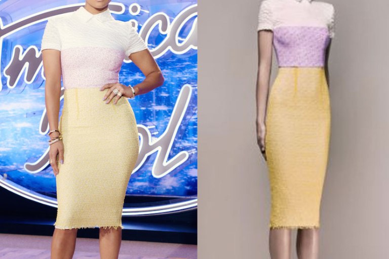 Jennifer Lopez Wears Alex Perry Pink, White, and Yellow Matilde Dress and Christian Louboutin White Pumps to American Idol’s Little Rock, Arkansas Auditions