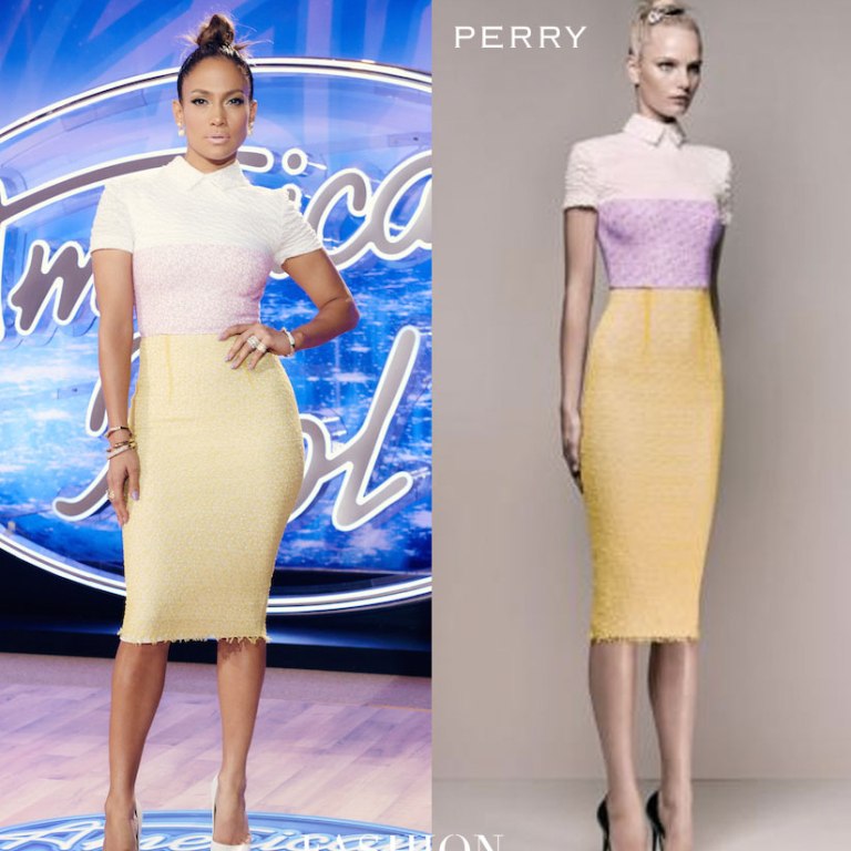 Jennifer Lopez Wears Alex Perry Pink, White, and Yellow Matilde Dress and Christian Louboutin White Pumps to American Idol’s Little Rock, Arkansas Auditions