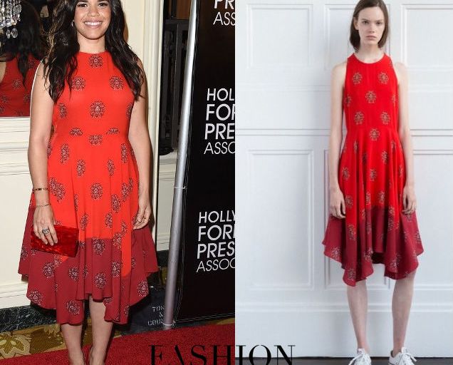 Hot! or Hmm… America Ferrera’s HFPA Annual Grants Banquet A.L.C. Resort 2016 Red Print Handkerchief Hem Dress