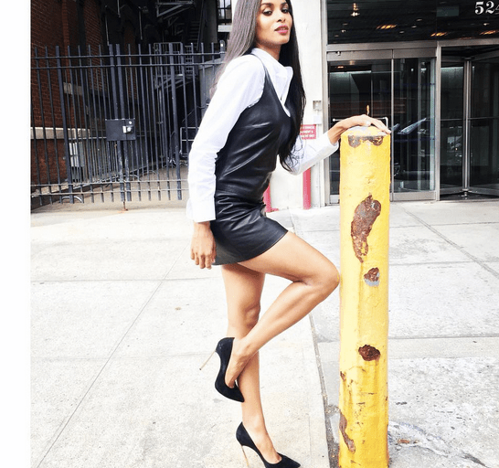 Splurge: Ciara’s Good Morning New York Polo Ralph Lauren White Cotton Button Down Shirt,  Black Leather Shift Dress, and Casadei Black Suede Blade Pumps