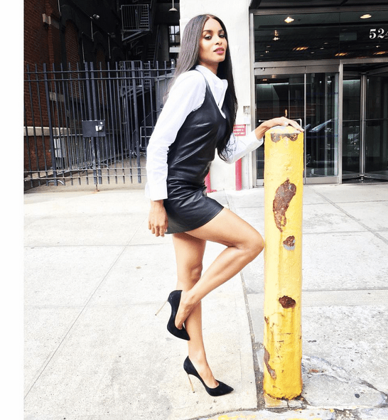Splurge: Ciara’s Good Morning New York Polo Ralph Lauren White Cotton Button Down Shirt,  Black Leather Shift Dress, and Casadei Black Suede Blade Pumps