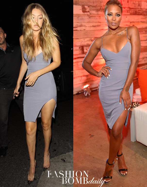 Who Wore it Better? Gigi Hadid vs. Eva Marcille in House of CB’s Raqa Gray Asymmetric Cut Bralet Spaghetti Strap Dress