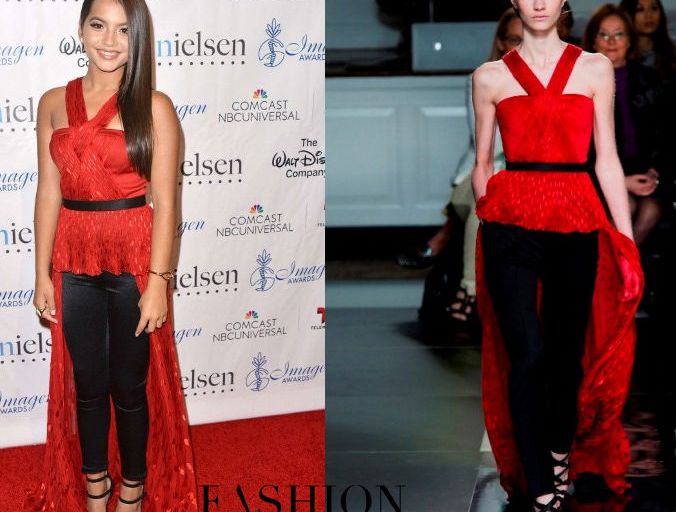 Hot! or Hmm… Isabela Moner’s 30th Imagen Awards Jason Wu Fall 2013 Red Peplum Train Halter Top and Black Trousers