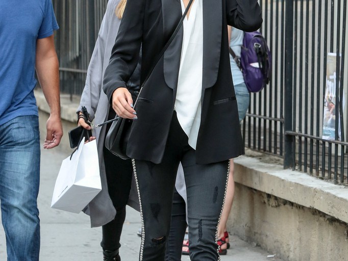 Get the Look: Kendall Jenner’s New York City BLK DNM Shawl Lapel Tuxedo Jacket, Victoria Beckham Asymmetric Draped Tank, Saint Laurent Monogramme Bourse Mini Leather Bucket Bag, and Manolo Blahnik Bath Patent Brogues