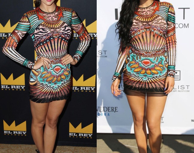 Who Wore it Better? Kylie Jenner vs. Eiza Gonzalez in Nicolas Jebran’s Fall 2014 Long Sleeved Hand Embroidered Multi Color Mini Dress + Kylie’s Montreal 18th Birthday Party White Mugler Crop Top and Eyelet Embellished Mini Skirt